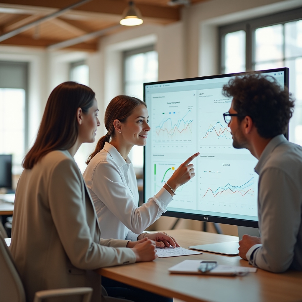 Team riunito attorno a una scrivania mentre osserva un monitor condiviso