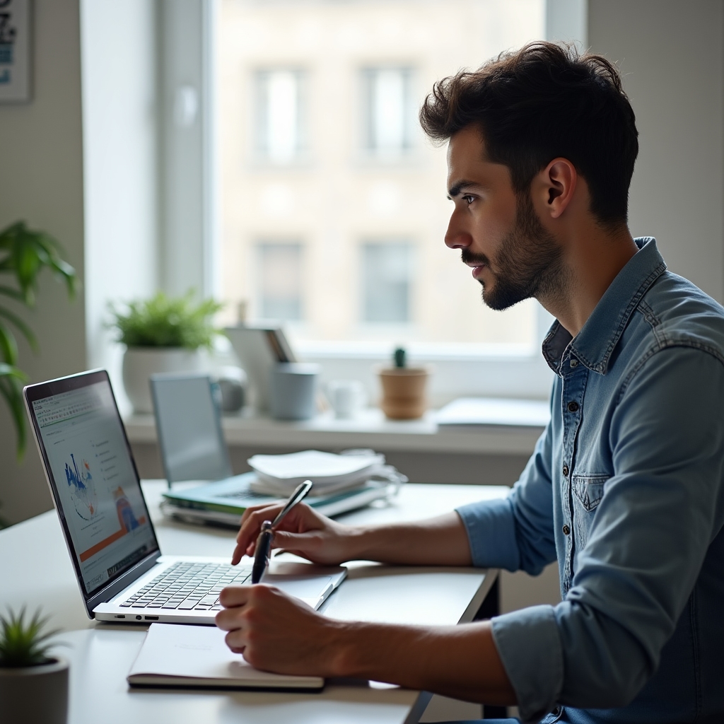 Persona che prende appunti durante un webinar seguito su laptop